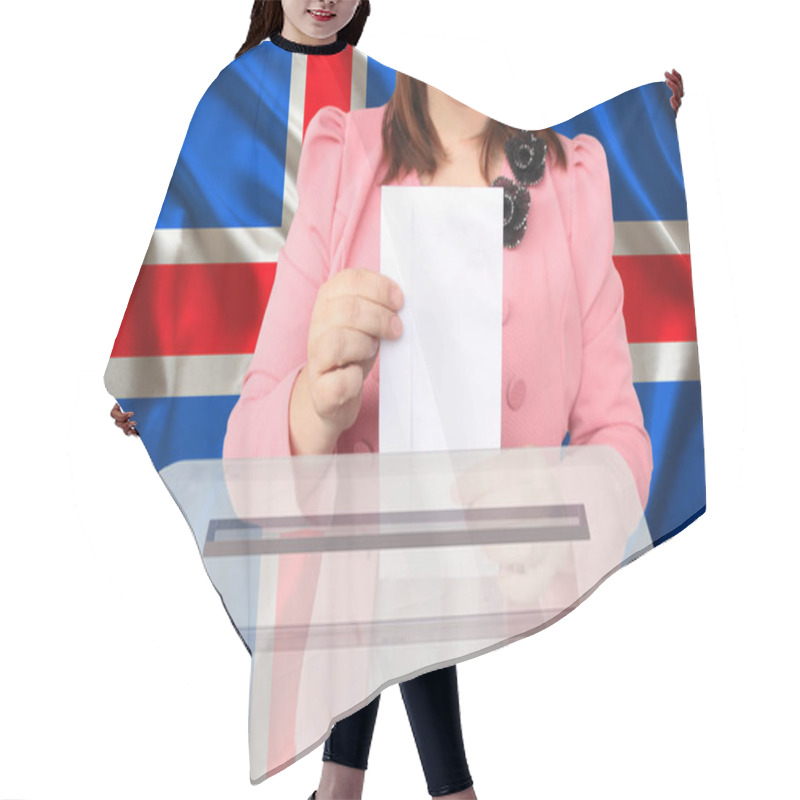 Personality  Woman Voter Lowers The Ballot In A Transparent Ballot Box Against The Background Of The Iceland National Flag, Concept Of State Elections, Referendum Hair Cutting Cape