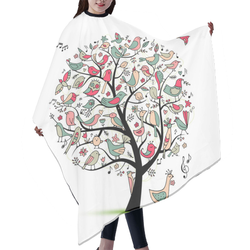 Personality  Tree With Birds, Sketch For Your Design. Vector Illustration Hair Cutting Cape