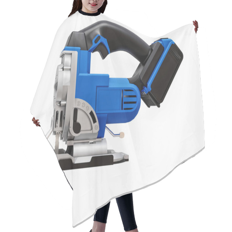 Personality  The Tool Is A Blue Electric Jigsaw On A White Isolated Background. 3d Rendering Hair Cutting Cape