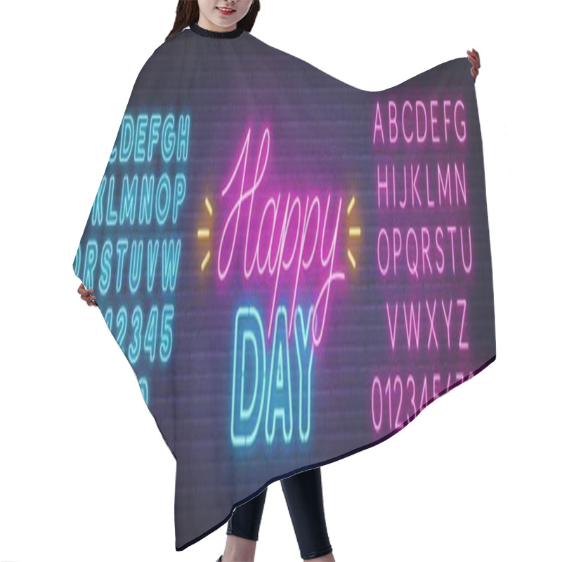 Personality  Happy Day Neon Lettering On Brick Wall Background. Hair Cutting Cape