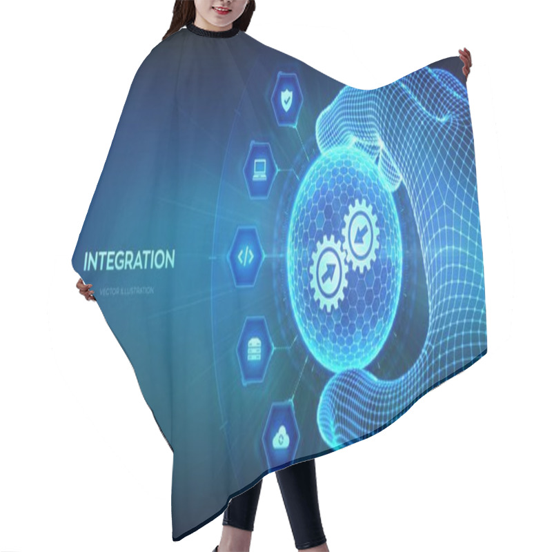 Personality  Integration Data System. Industrial Smart Technology. System Integration Concept In The Shape Of Sphere With Hexagon Pattern In Wireframe Hand. Business Automation Solutions. Vector Illustration Hair Cutting Cape