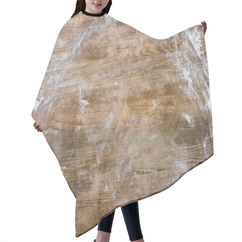 Personality  Top View Of Rustic Wooden Table Covered With Flour Hair Cutting Cape