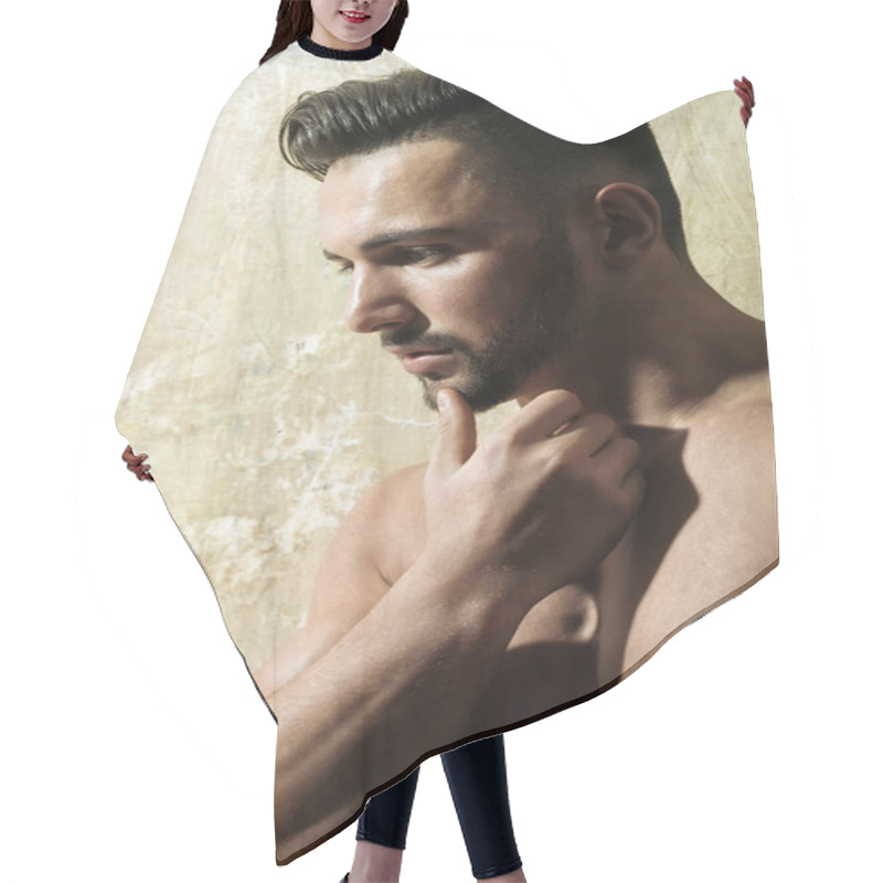 Personality  Naked Sexy Man Conceived. Man Dreams Or Thinks About Something. Dreams And Thoughts. Attractive Man Looks Down. The Athlete's Bare Chest. Bearded Guy. Naked Men's Breasts, Hand And Face Portrait Hair Cutting Cape