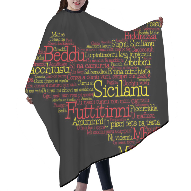 Personality  Sicily Map Made From Sicilian Slang Words In Vector Format. Hair Cutting Cape