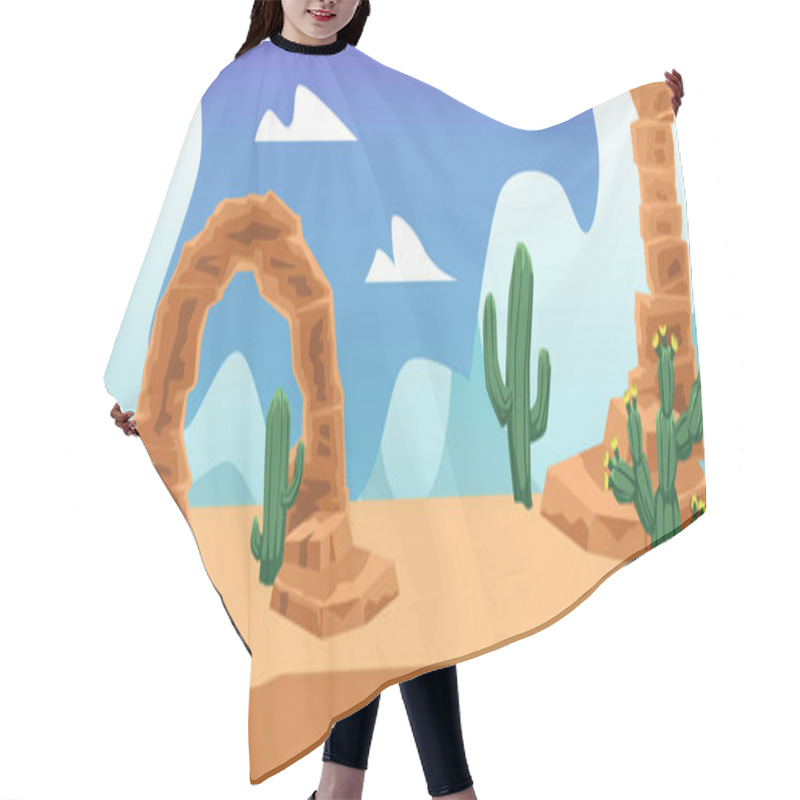 Personality  Desert Landscape Poster Or Game Location Background, Flat Vector Illustration. Hair Cutting Cape