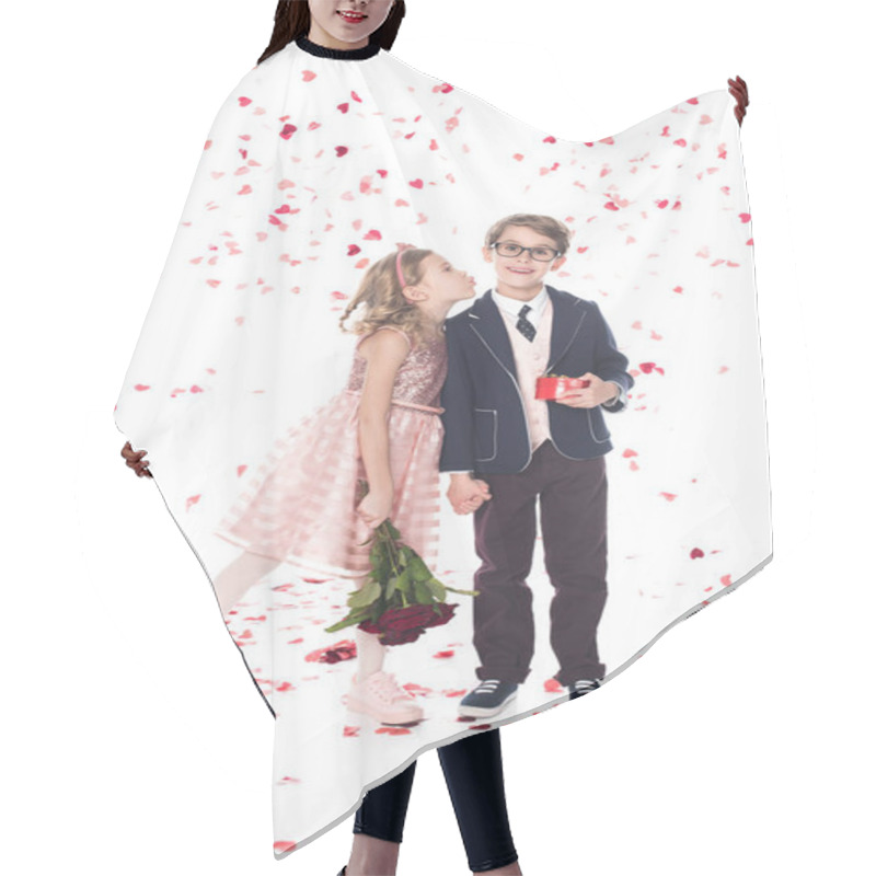 Personality  Cute Little Boy In Eyeglasses And Suit Holding Gift Box And Smiling At Camera While Girl With Roses Able To Kiss Him On White With Falling Heart Shaped Confetti Hair Cutting Cape