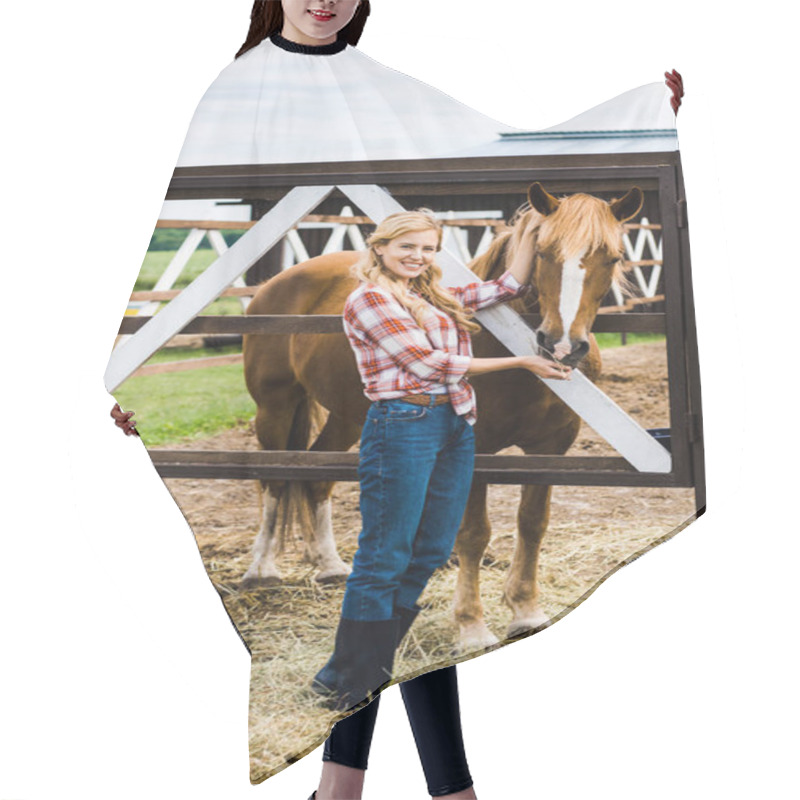 Personality  Attractive Farmer Palming Horse In Stable Hair Cutting Cape