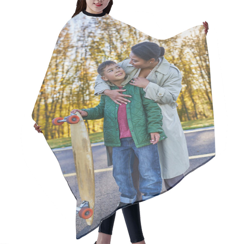 Personality  African American Mother Hugging Son With Penny Board, Autumn, Fall Season, Motherly Love, Smile Hair Cutting Cape