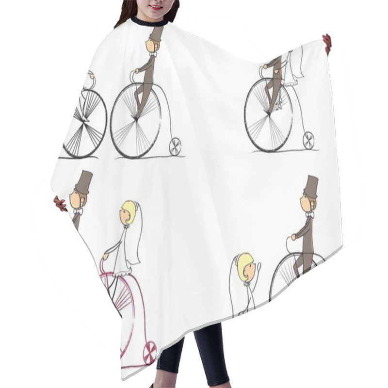 Personality  Vector Set Of Bride And Groom Riding A Bike Hair Cutting Cape