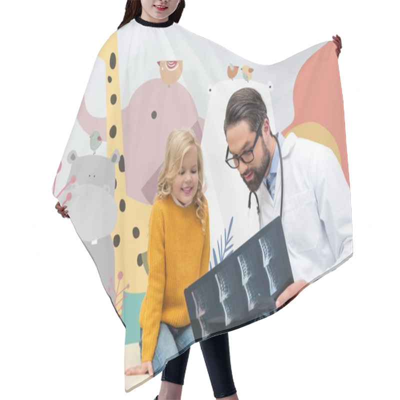 Personality  Pediatrist Showing X-ray To Girl Hair Cutting Cape