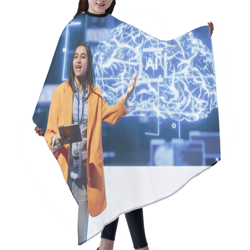 Personality  Cheerful Manager Holding Tablet Speaking At Event Bringing Together Leading Researchers To Explore Developments In AI And Machine Learning. Smiling Professional Using Device To Hold Tech Presentation Hair Cutting Cape