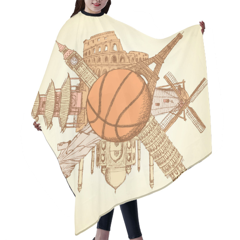 Personality  Famous Architecture Buildings Around Basketball Ball Hair Cutting Cape