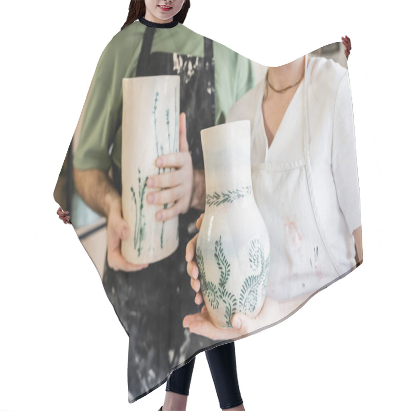 Personality  Cropped View Of Craftswoman In Apron Holding Clay Vase Near Blurred Boyfriend In Ceramic Workshop Hair Cutting Cape