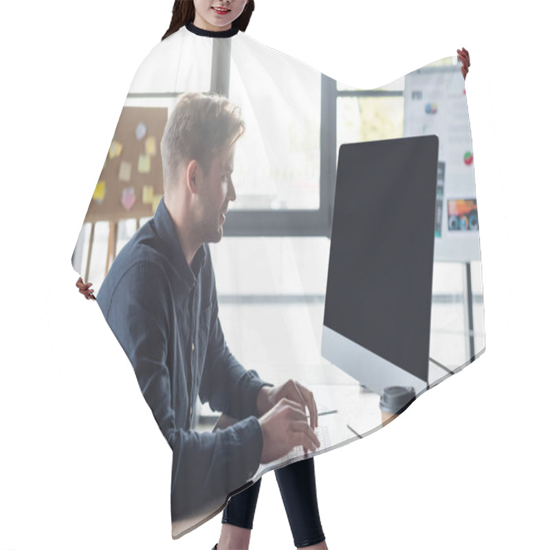 Personality  Side View Of Programmer Using Computer Near Coffee To Go In Office  Hair Cutting Cape