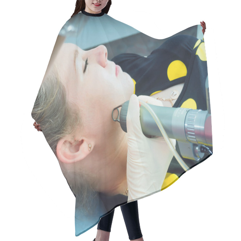 Personality  Caucasian Woman Patient On Laser Procedure Skin Resurfacing In Aesthetic Medicine. Hair Cutting Cape