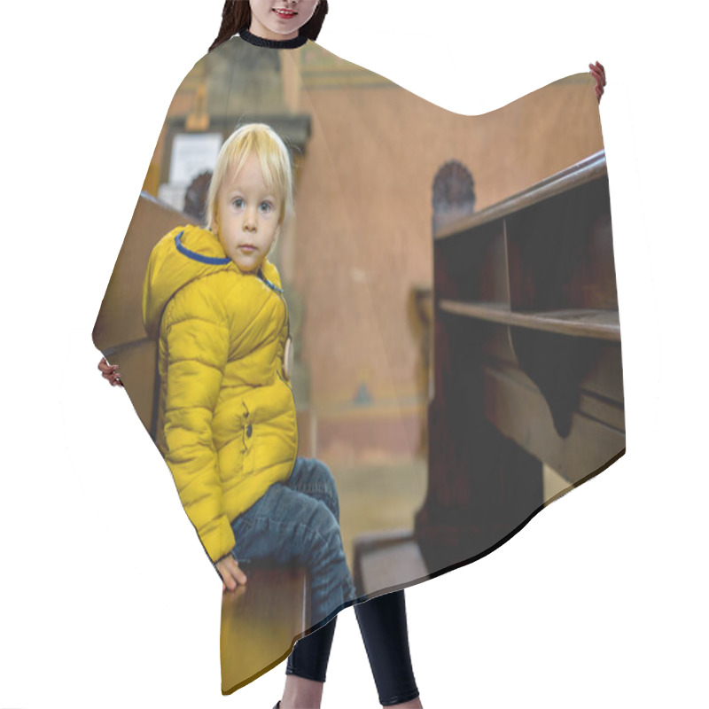 Personality  Toddler Child Sitting On A Praying Bench In Church Hair Cutting Cape