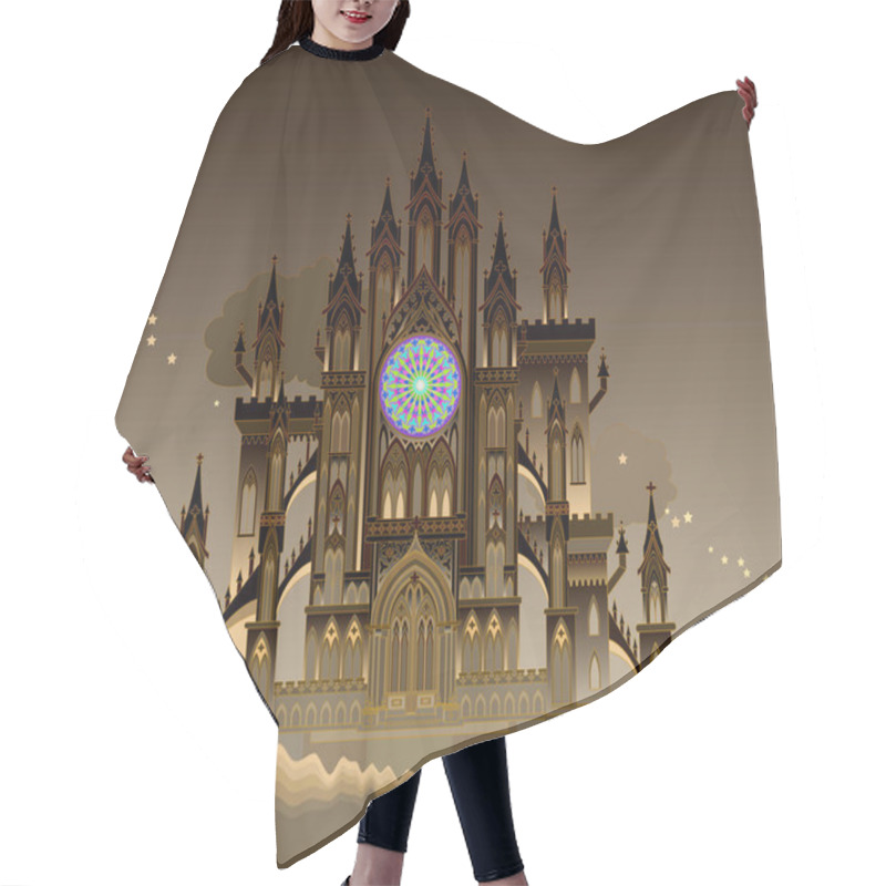 Personality  Fantastic Gothic Castle From Fairyland. Medieval Cathedral With Stained Glass Rose. Middle Ages In Western Europe. Printable Poster For Travel Company. Illustration For Kids Fairy Tale Book. Hair Cutting Cape