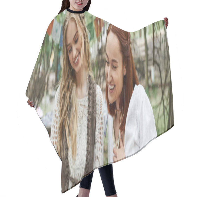 Personality  Laughing Women In Stylish Outfits Spending Time Together In Retreat Center Outdoors, Banner Hair Cutting Cape