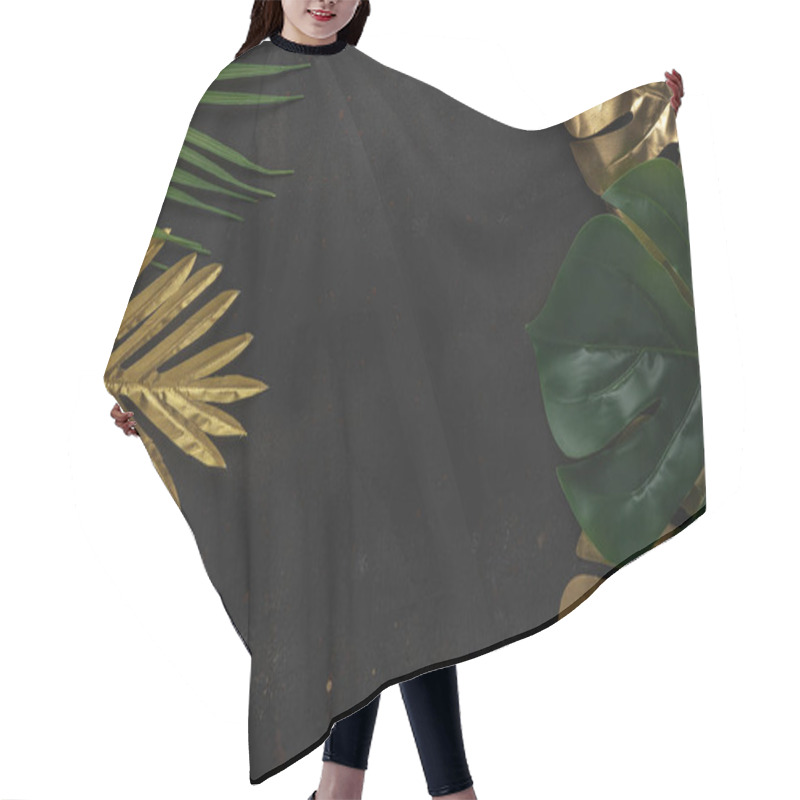 Personality  Creative Layout With Gold And Green Tropical Palm Leaves On Black Background. Minimal Summer Abstract Pattern. Hair Cutting Cape