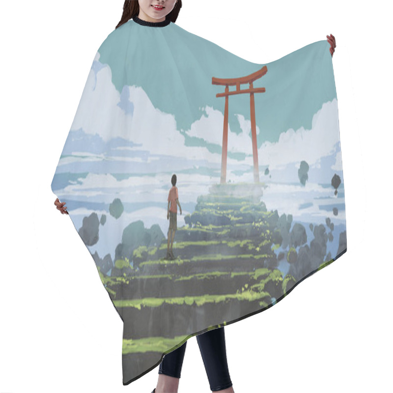 Personality  Young Boy Walking Up The Stairs To The Torii Gate, Digital Art Style, Illustration Painting Hair Cutting Cape