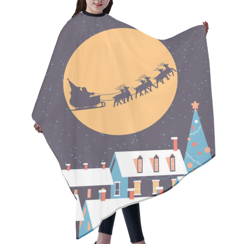 Personality  Santa Flying In Sleigh With Reindeers In Night Sky Over Snowy Village Houses Merry Christmas Happy New Year Winter Holidays Concept Greeting Card Flat Hair Cutting Cape