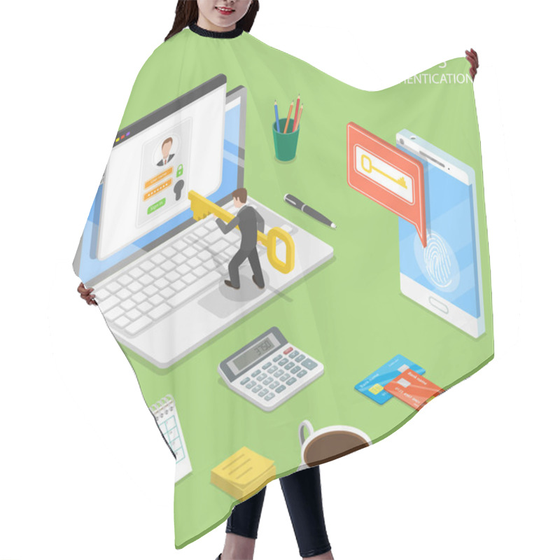 Personality  Multi Factor Authentication Flat Isometric Vector. Hair Cutting Cape