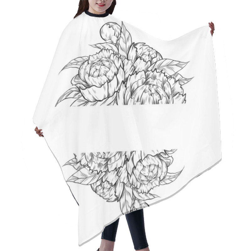 Personality  Vector Card Template With Monochrome Sketch Of Peony Flowers, Foliage And Copy Space. Postcard With Contour Natural Frame Of Floral Bouquet And Place For Text. Botanical Border With Hatching Hair Cutting Cape