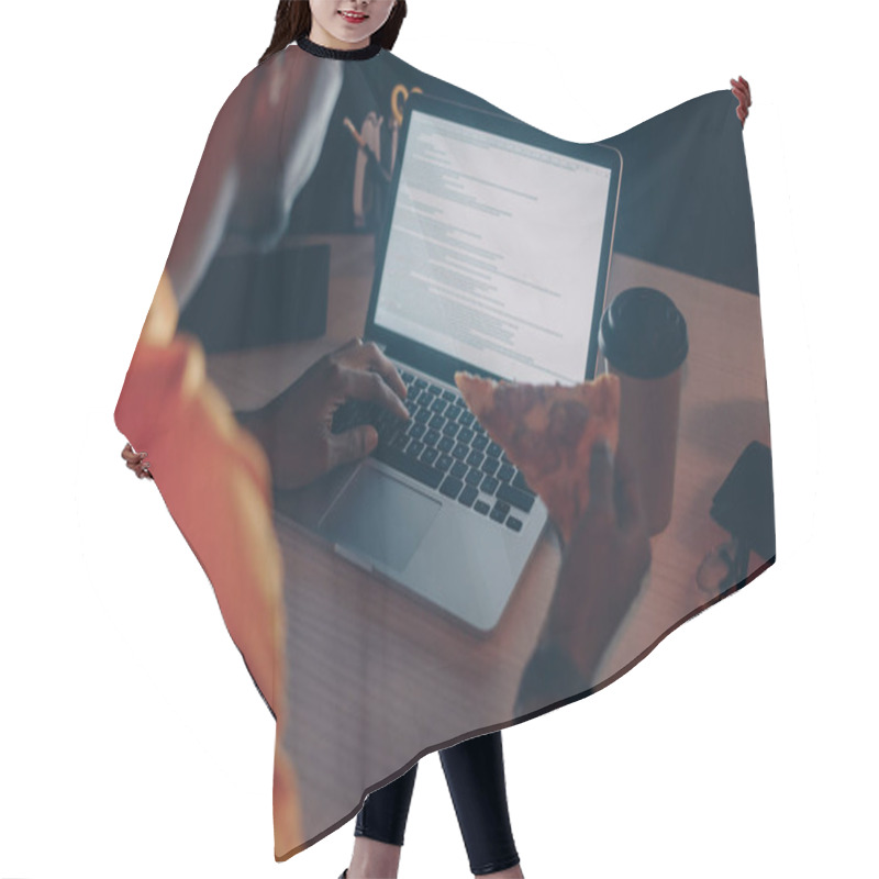 Personality  Cropped View Of Young African American Programmer Eating Pizza While Working At Night In Office Hair Cutting Cape