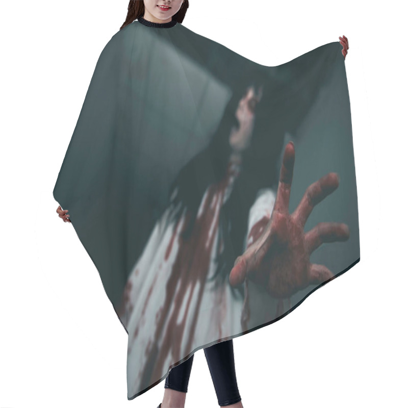 Personality  Portrait Of Asian Woman Make Up Ghost,Scary Horror Scene For Background,Halloween Festival Concept,Ghost Movies Poster,angry Spirit In The Apartment Hair Cutting Cape