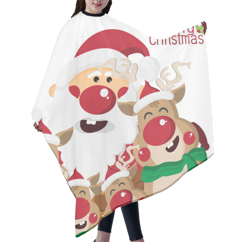 Personality  Happy Santa Claus And Reindeer Family Cartoon Characters For Christmas Greeting,Happy New Year Concept,design For Card And Poster,Vector Illustration. Hair Cutting Cape