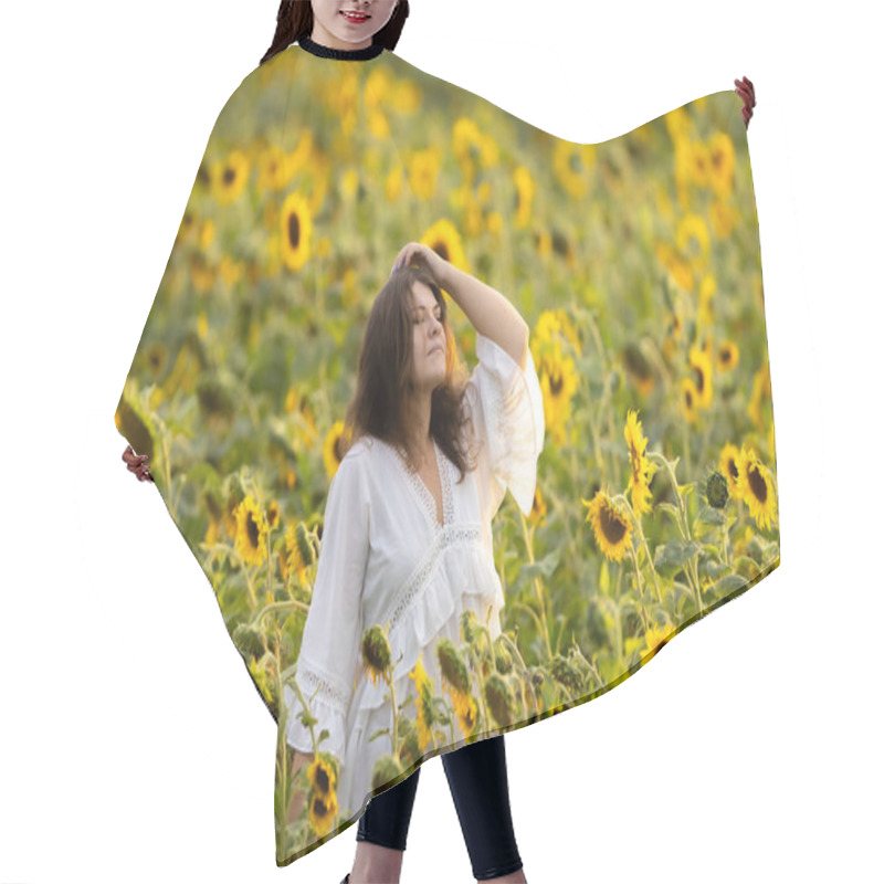 Personality  A Woman In White In A Field Of Sunflowers: A Moment Of Serenity Among Yellow Blossoms Hair Cutting Cape