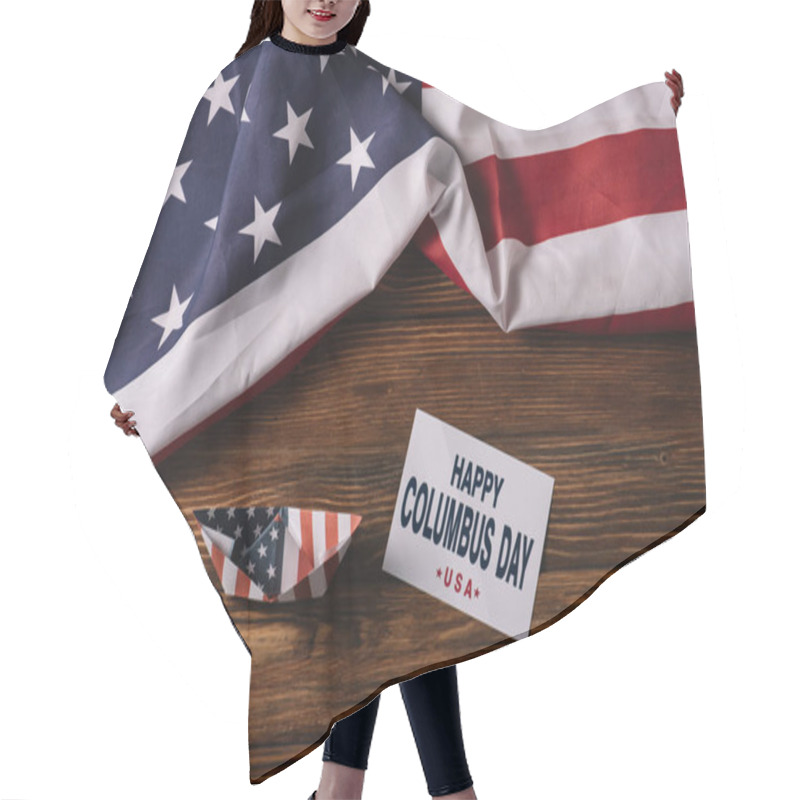 Personality  Top View Of Card With Happy Columbus Day Inscription Near Paper Boat On Wooden Surface With American National Flag Hair Cutting Cape