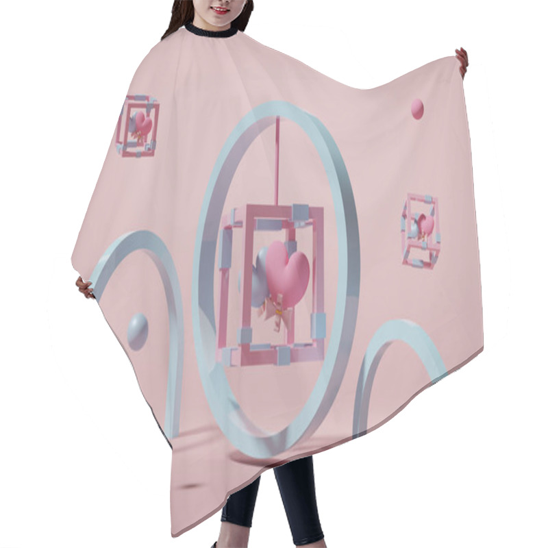 Personality  Two Heart Shaped Balloon In Box With With Geometric Shapes In Pink Pastel Composition Valentine's Day Concept ,abstract Background ,3d Illustration Or 3d Render Hair Cutting Cape