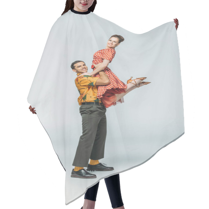 Personality  Stylish Dancer Holding Partner While Dancing Boogie-woogie On Grey Background Hair Cutting Cape