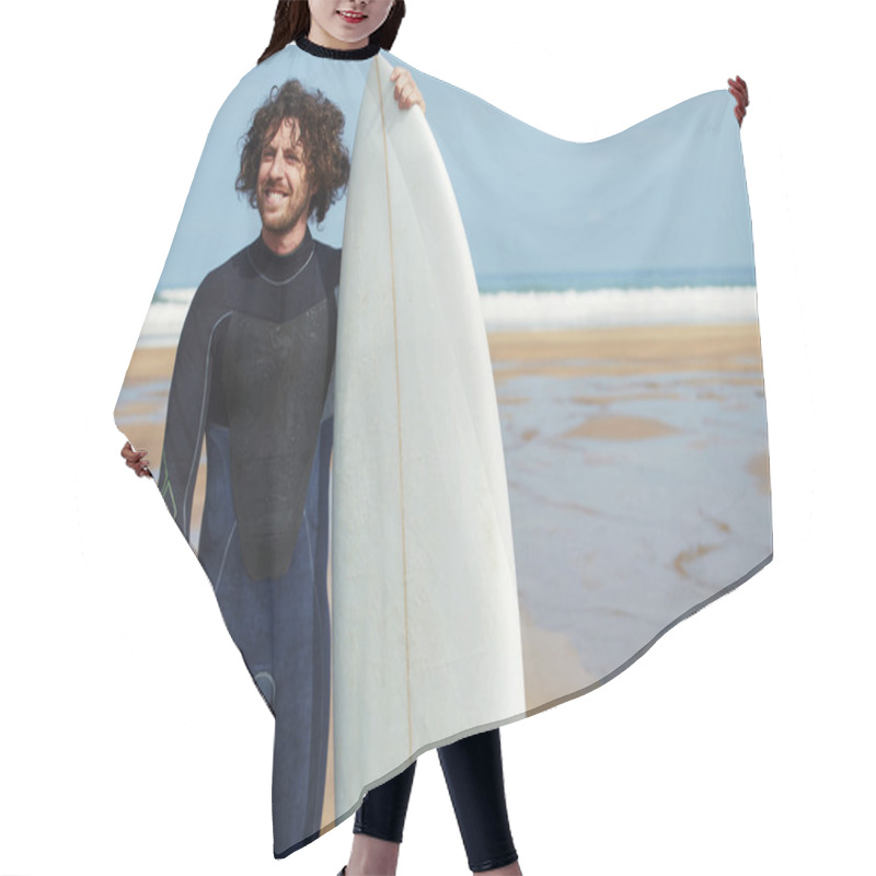 Personality  Man With Long Hair Holding Surf Board Hair Cutting Cape