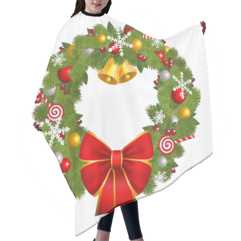 Personality  Christmas Wreath With Red Bow  Isolated On Whitw Hair Cutting Cape