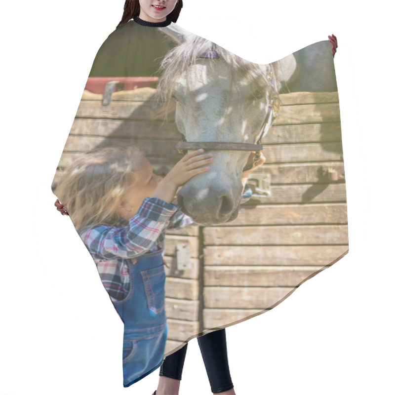 Personality  Preteen Kid Touching Horse At Farm Hair Cutting Cape