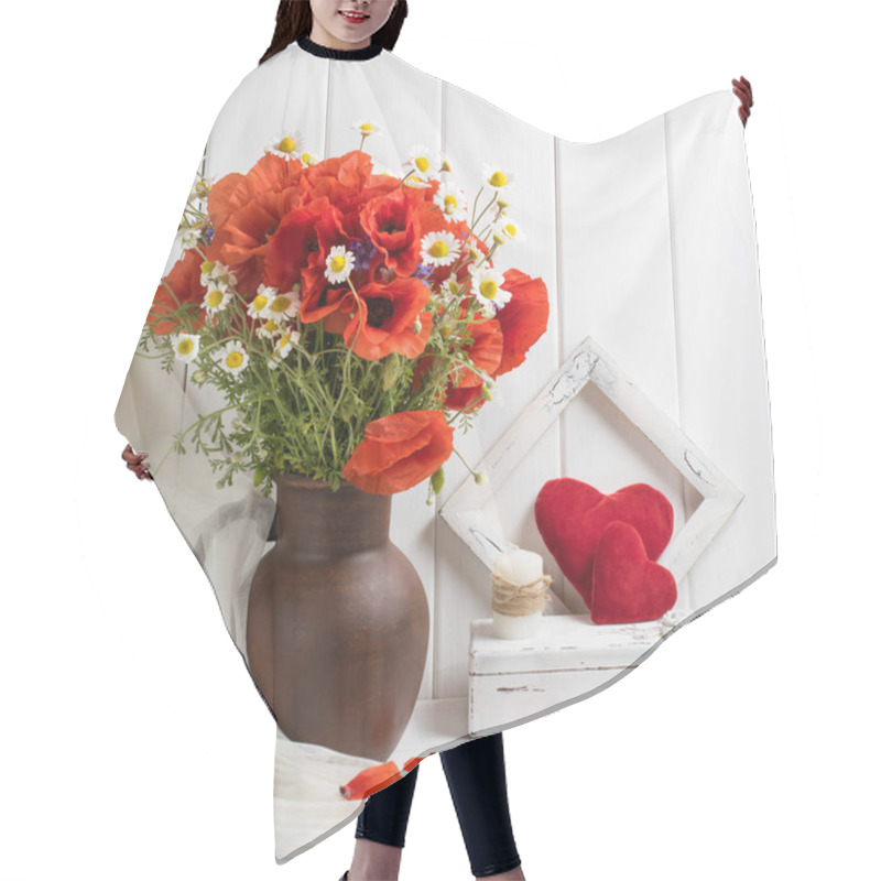 Personality  Red Poppies In Clay Jug And Hearts On Wooden Planks Background I Hair Cutting Cape