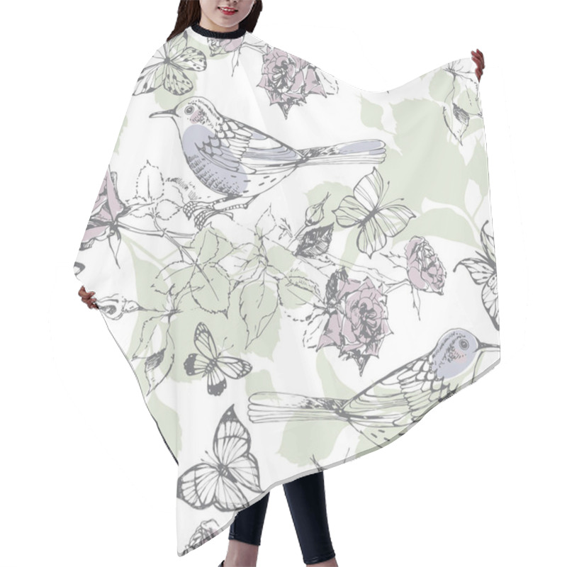 Personality  Seamless Pattern With Birds, Butterflies And Blossoming Branches Hair Cutting Cape