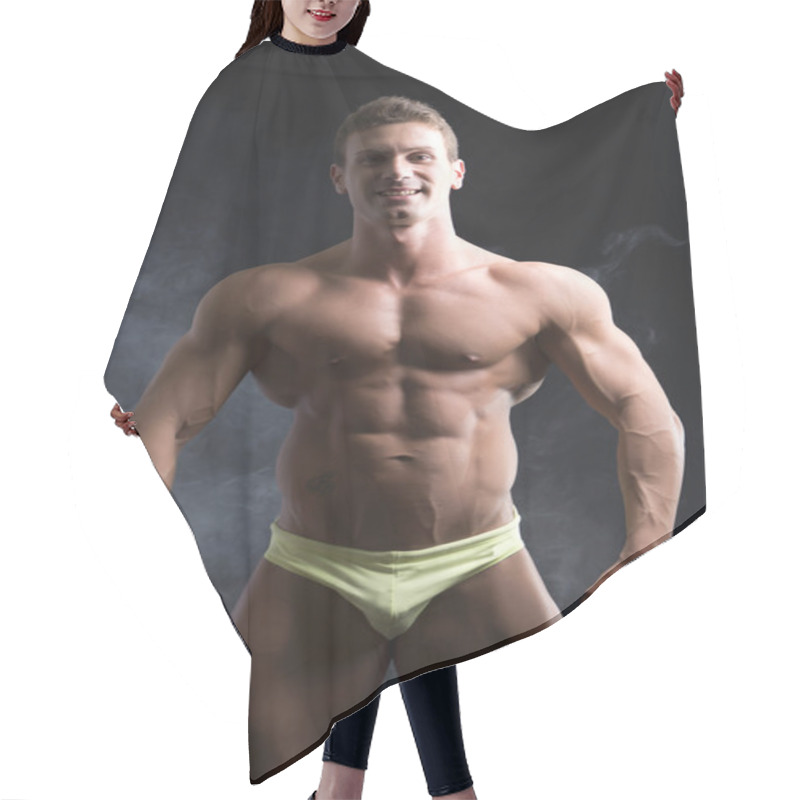 Personality  Muscular Smiling Shirtless Young Man In Underwear Hair Cutting Cape