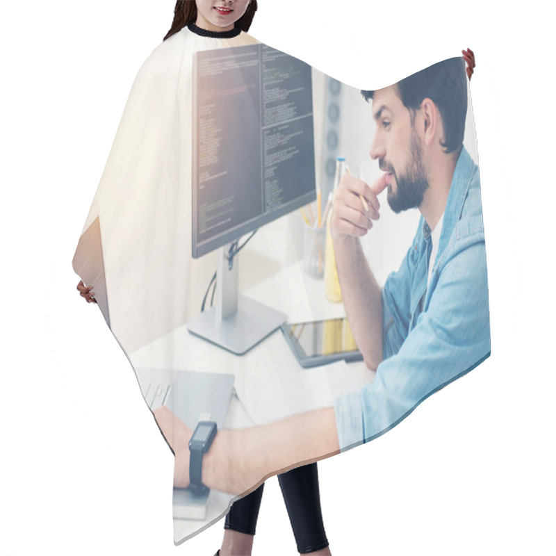 Personality  Young Programmer Coding In An Office Hair Cutting Cape