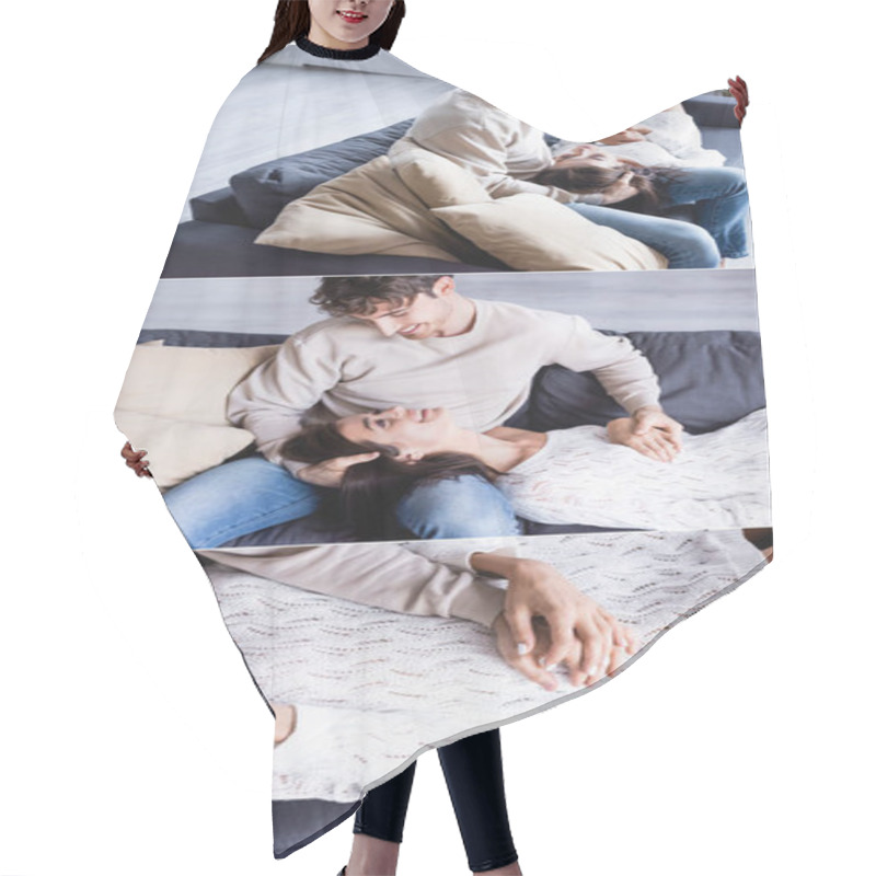 Personality  Collage Of Smiling Woman In Knitted Sweater Lying Near Boyfriend On Couch, Banner  Hair Cutting Cape