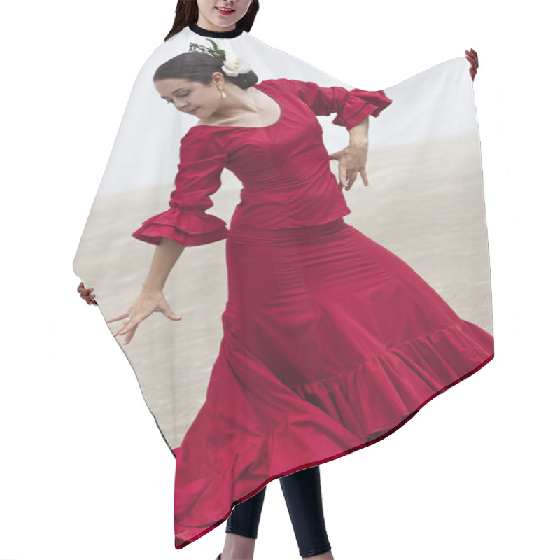 Personality  Traditional Woman Spanish Flamenco Dancer In Red Dress With Fan Hair Cutting Cape