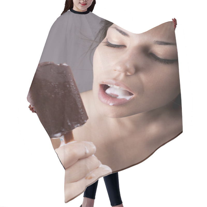 Personality  Sexy Brunette Woman Licking Chocolate Ice Cream Hair Cutting Cape