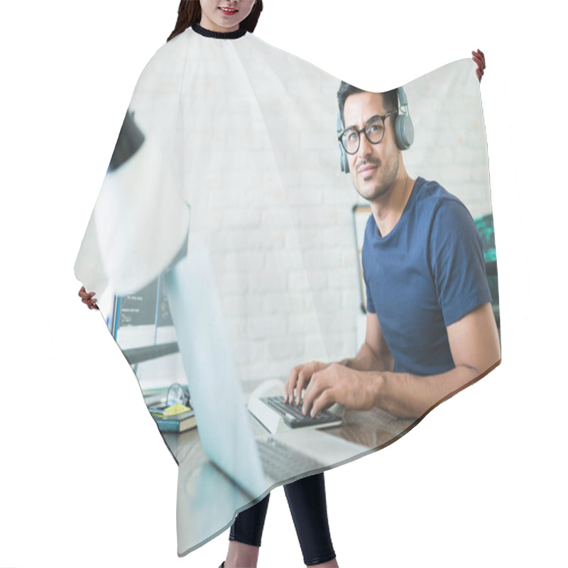 Personality  Portrait Of Confident Young Male Programmer At Desk Working From Home Hair Cutting Cape