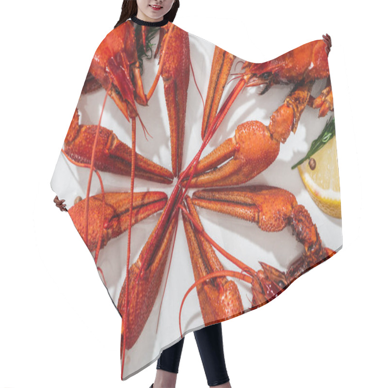 Personality  Top View Of Red Lobsters, Peppers, Lemon Slices And Green Herbs On White Background Hair Cutting Cape