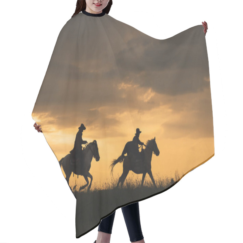 Personality  Silhouette Of Two Cowboys Riding On Horse Back During Sunset Or Sunrise Hair Cutting Cape