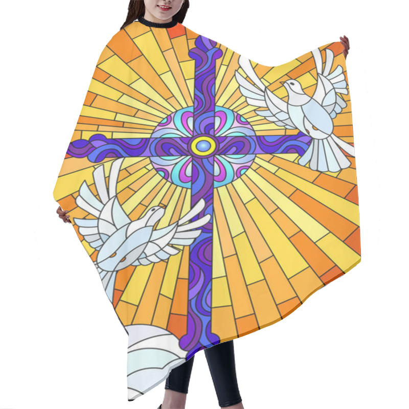 Personality  Illustration With A Cross And A Pair Of White Doves In The Stained Glass Style Hair Cutting Cape