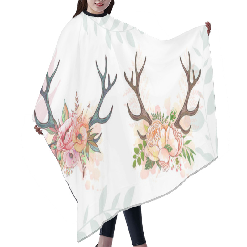 Personality  Illustration Of A Deer Skull With Poppy. Vector Element For Tattoo Sketch, Printing On T-shirts, Postcards And Your Creativity Hair Cutting Cape