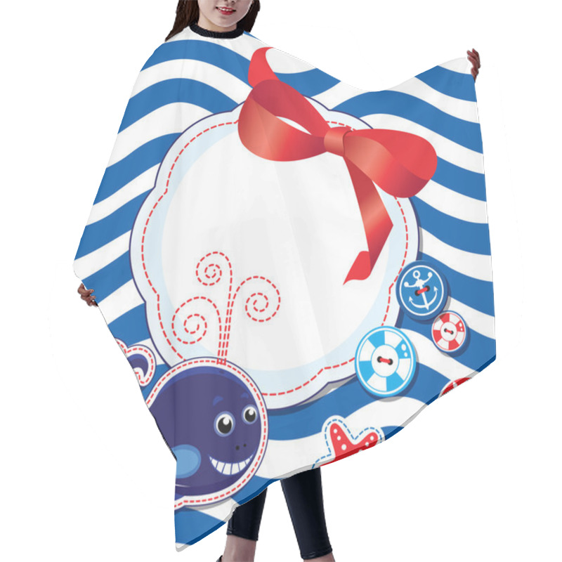 Personality  Funny Card With Whale, Buttons, Bow And Empty Frame For Text On Hair Cutting Cape